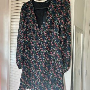 Nasty Gal Black Floral V-Neck Long Sleeve Mini Dress